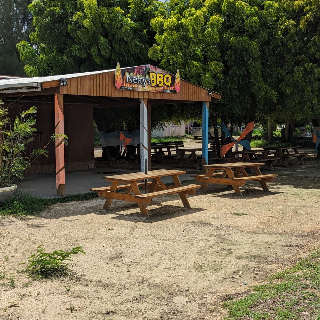 Netty's BBQ Roadside Grill showing picic tables under the trees.